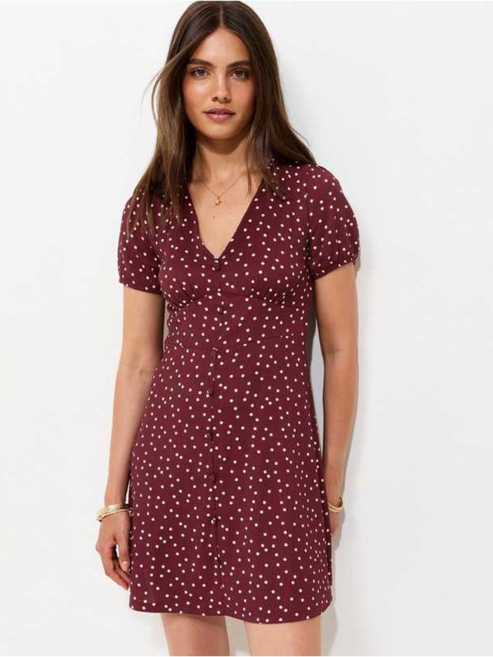 Abercrombie & Fitch Wine Polka Dot V-Neck Mini Dress